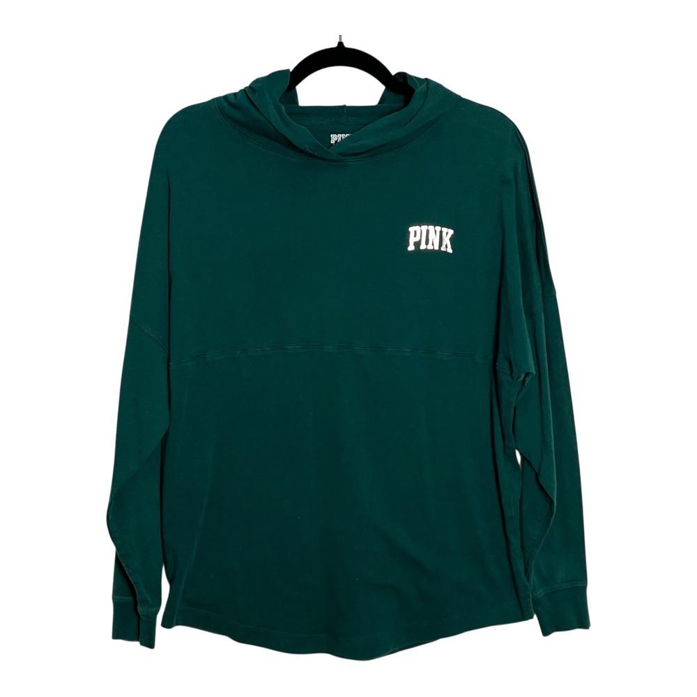 Victoria's Secret PINK Forest Green Spirit Jersey Hooded T-Shirt Metallic Small‎